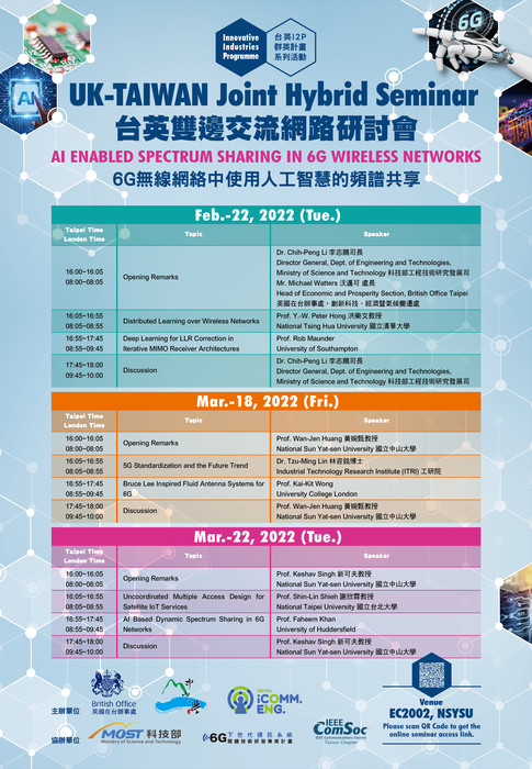 Taiwan-UK Joint Hybrid Seminar - AI Enabled Spectrum Sharing in 6G Wireless Networks@NSYSU, (I)Feb.22/ (II)Mar.18/ (III)Mar.22,2022Image